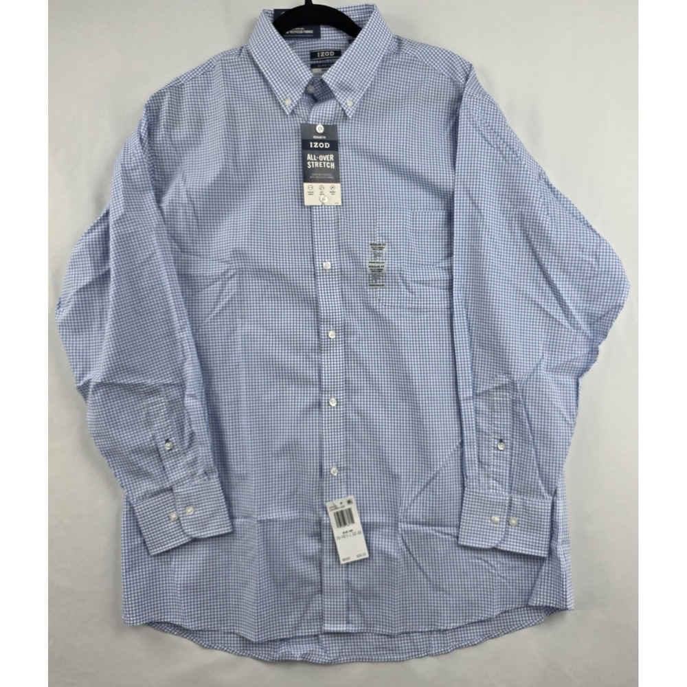 IZOD Mens Dress Shirt Large Blue White Check Stretch Wrinkle Free NWT 16-16.5